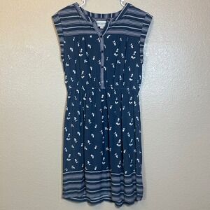 LOFT Navy White Floral Print Button Front Elastic Waist Cap Sleeve Dress Size M